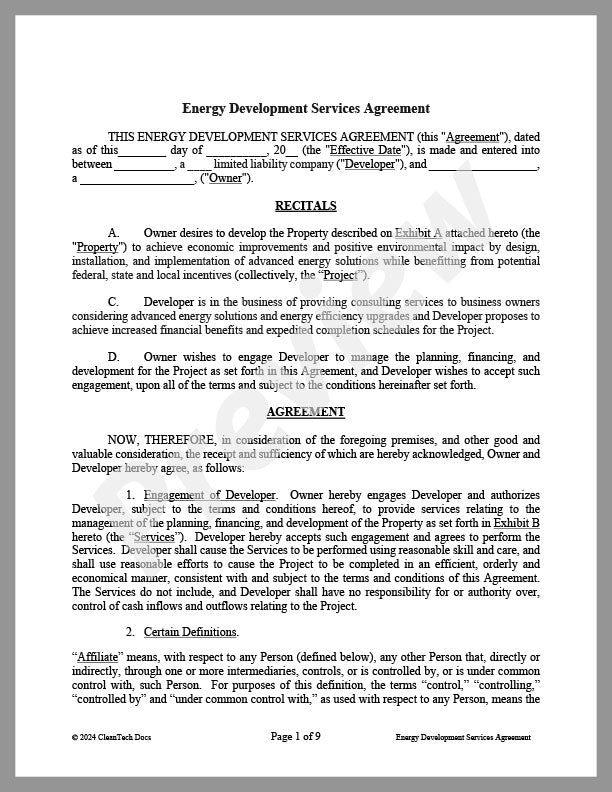 Energy Development Services Agreement - Renewable energy legal forms from CleanTech Docs