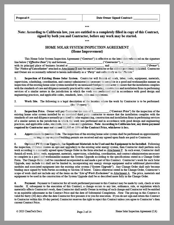 Residential Solar System Inspection Agreement - Renewable energy legal forms from CleanTech Docs