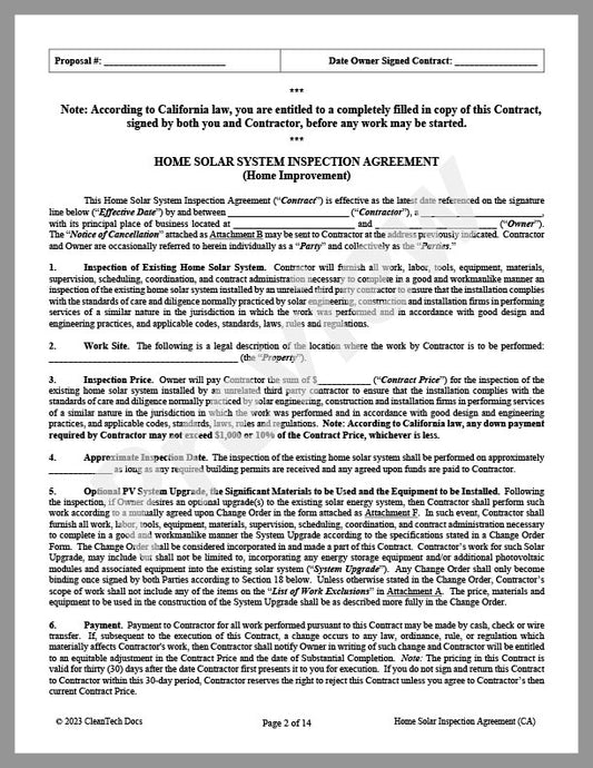 Residential Solar System Inspection Agreement - Renewable energy legal forms from CleanTech Docs