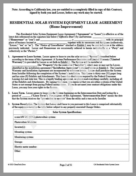 CleanTech Docs, Inc. | Residential Solar System Equipment Lease Agreement (CA)