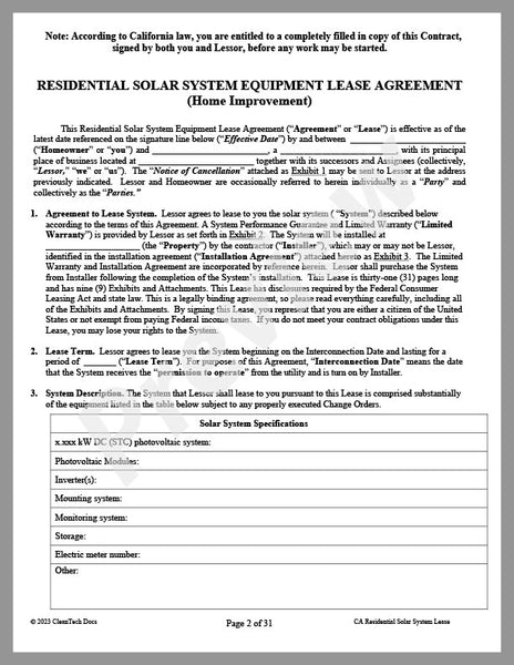 Solar Install Contract Residential Solar System Equipment Lease Agreement (CA) – Avanti Cleantech