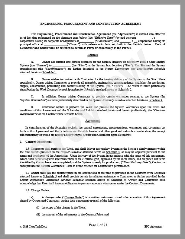 Engineering, Procurement and Construction (EPC) Agreement - Solar & Storage Contracts - Renewable energy legal forms from CleanTech Docs