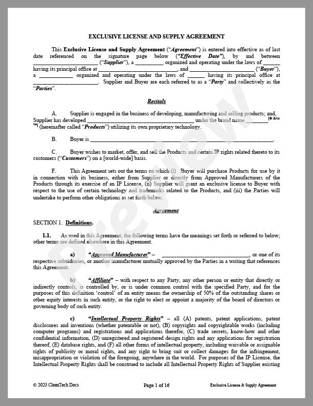 Exclusive License & Supply Agreement - Renewable energy legal forms from CleanTech Docs