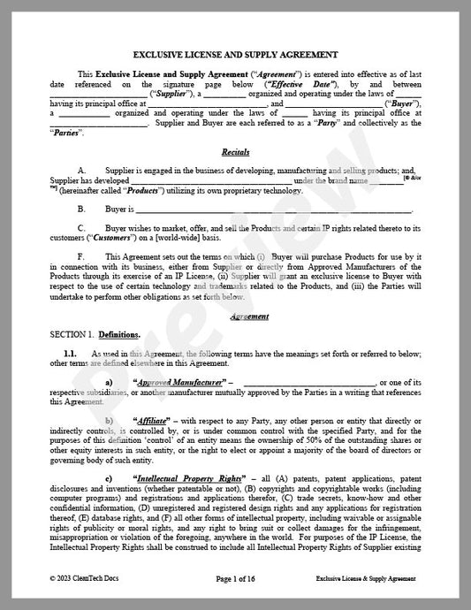 Exclusive License & Supply Agreement - Renewable energy legal forms from CleanTech Docs