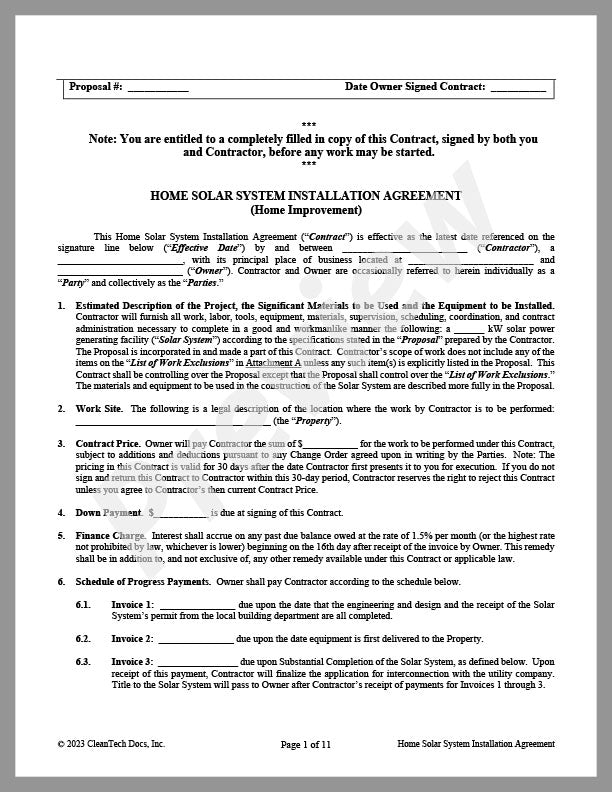 Solar Install Contract Residential Solar System Installation Agreement | Avanti Cleantech