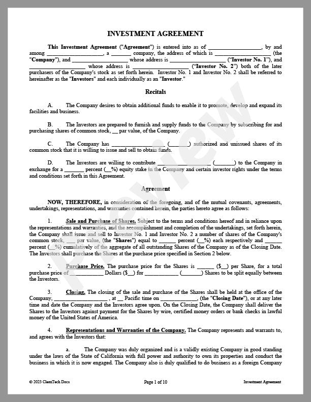 Investment Agreement - Renewable energy legal forms from CleanTech Docs