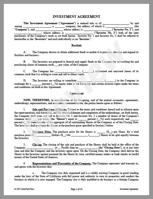 Investment Agreement - Renewable energy legal forms from CleanTech Docs