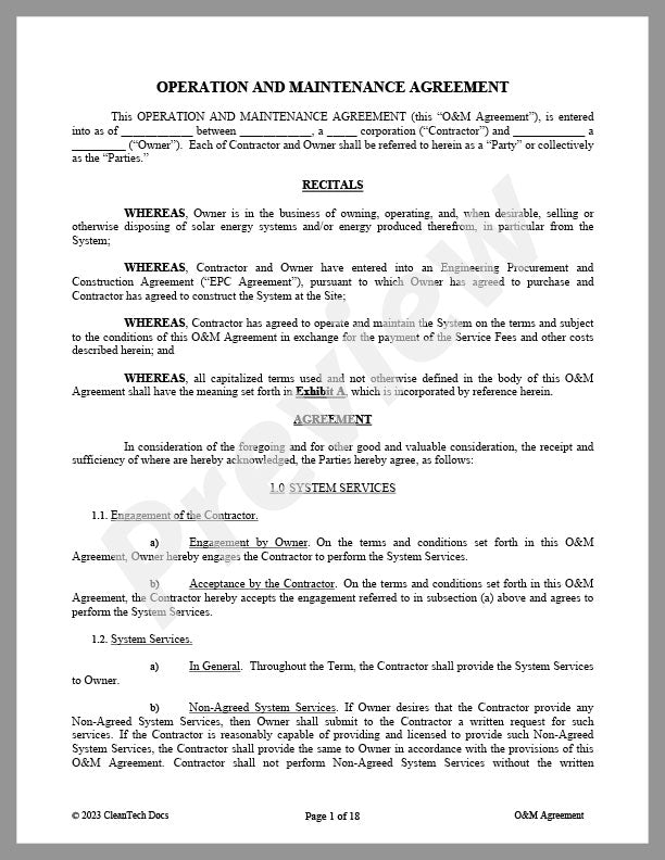 Operation and Maintenance (O&M) Agreement - Renewable energy legal forms from CleanTech Docs