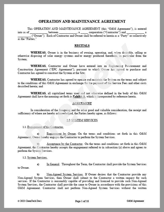 Operation and Maintenance (O&M) Agreement - Renewable energy legal forms from CleanTech Docs