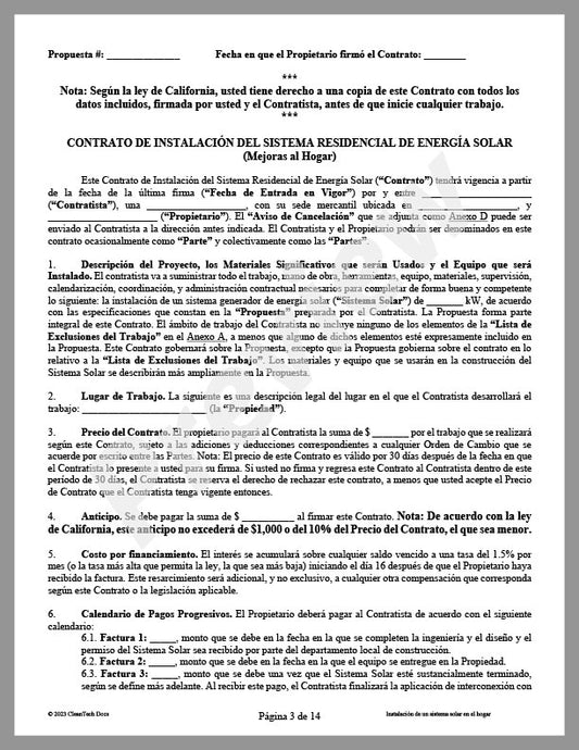 Residential Solar System Installation Agreement (CA) - Spanish Language Version - Renewable energy legal forms from CleanTech Docs