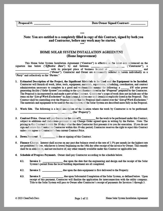 Residential Solar System Installation Agreement - Spanish Translation - CleanTech Docs