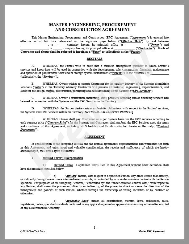 Epc Contract Example Master Engineering, Procurement and Construction (EPC) Agreement ...