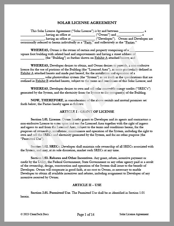 Solar License Agreement - Renewable energy legal forms from CleanTech Docs