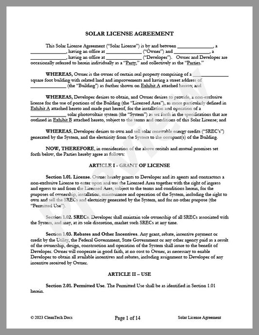 Solar License Agreement - Renewable energy legal forms from CleanTech Docs