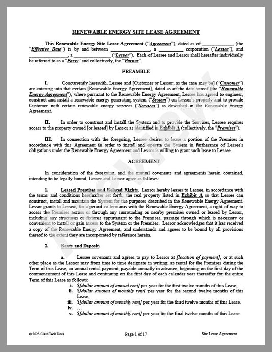 Renewable Energy Site Lease Agreement - Renewable energy legal forms from CleanTech Docs