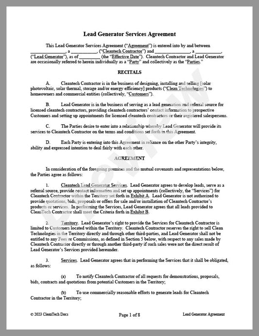 Lead Generator Services Agreement - Renewable energy legal forms from CleanTech Docs