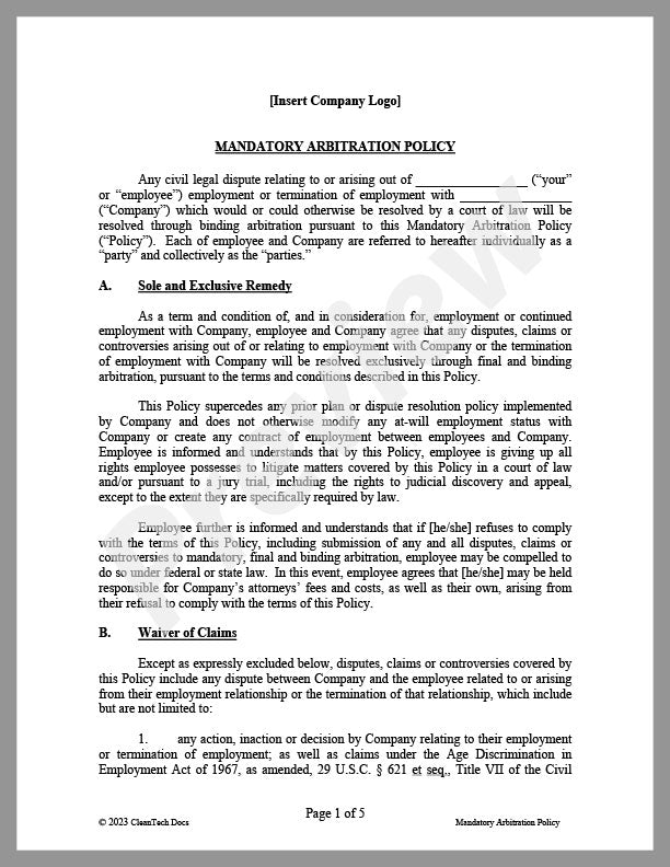 Mandatory Arbitration Policy - Renewable energy legal forms from CleanTech Docs