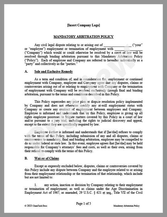 Mandatory Arbitration Policy - Renewable energy legal forms from CleanTech Docs