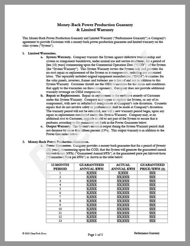 Power Production Guaranty and Limited Warranty (Performance Guarantee)