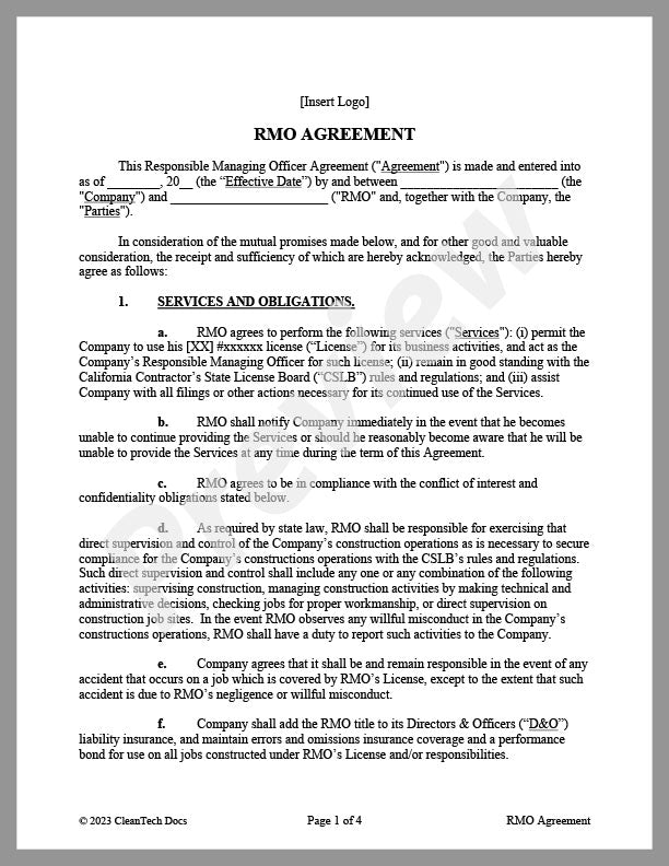 Responsible Managing Officer (RMO) Agreement - Renewable energy legal forms from CleanTech Docs