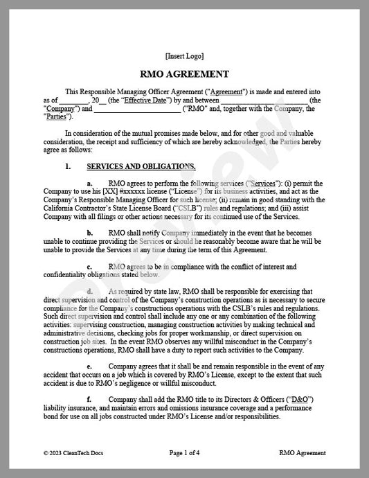 Responsible Managing Officer (RMO) Agreement - Renewable energy legal forms from CleanTech Docs