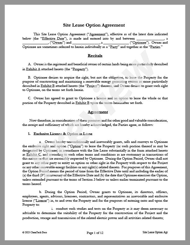 Site Lease Option Agreement for a Renewable Energy System - Renewable energy legal forms from CleanTech Docs