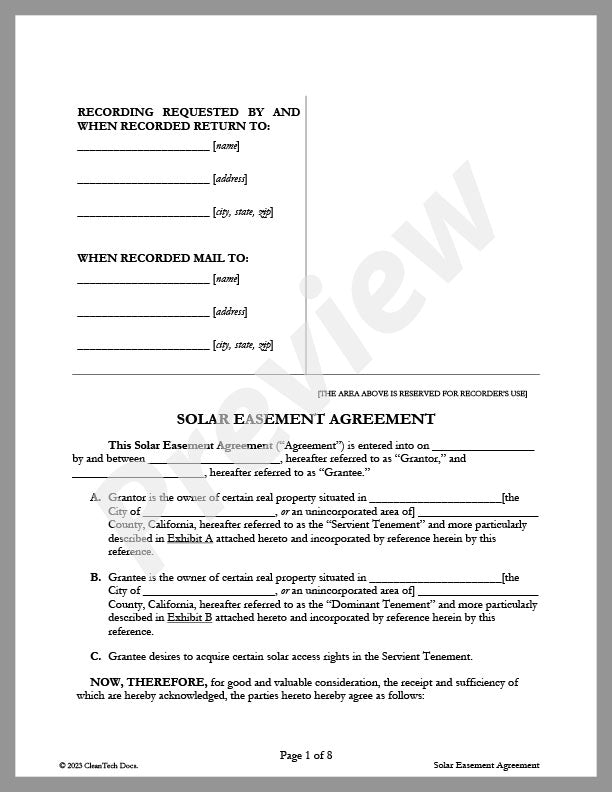 Solar Easement Agreement (CA) - Renewable energy legal forms from CleanTech Docs