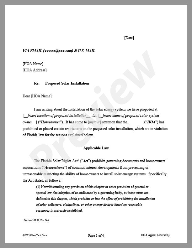 Homeowner Association Appeal Letter for Proposed Solar System in Florida - Renewable energy legal forms from CleanTech Docs