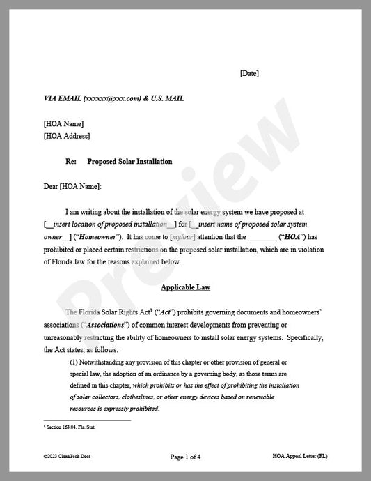 Homeowner Association Appeal Letter for Proposed Solar System in Florida - Renewable energy legal forms from CleanTech Docs