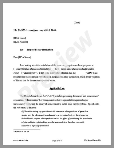 Homeowner Association (HOA) Appeal Letter for Proposed Solar System (FL)