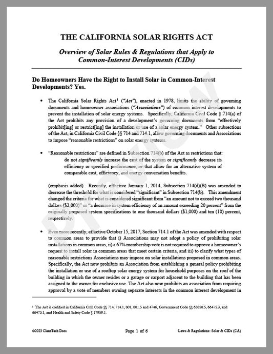 Solar & Common-Interest Developments: Overview of Rules and Regulations (CA) - Renewable energy legal forms from CleanTech Docs